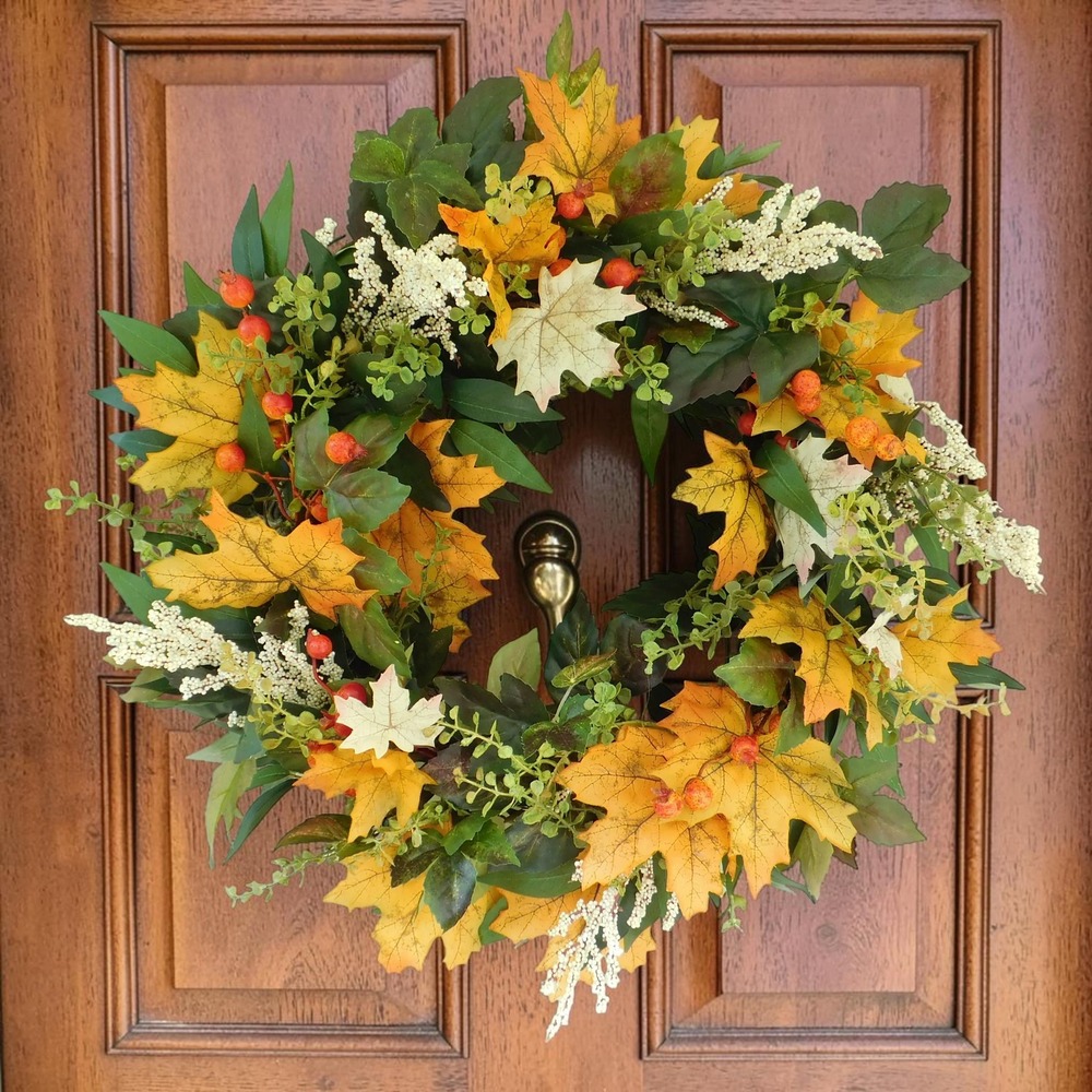 Atrificial Fall Wreath with Autumn Orange hues, Greens, Berries Front Door Decor